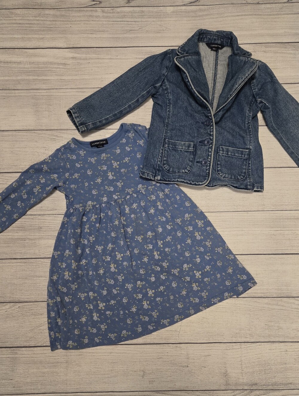 Lands' End Blue Floral Dress with Blue Denim Jacket